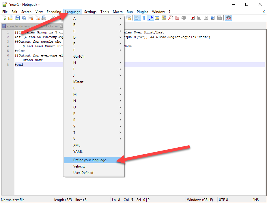After downloading Syntax Highlighter, open Notepad++ and click Define Your Language