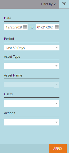 Audit trail filters: Date, Asset Type, Users, Actions