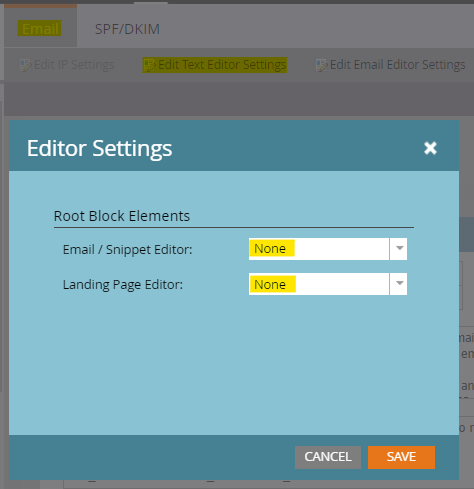 Admin > Email > Edit Text Editor Settings