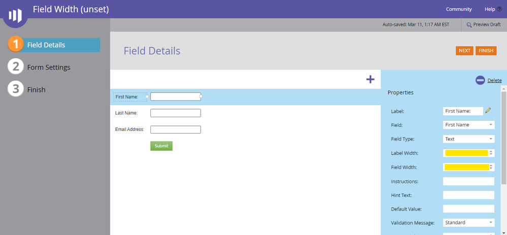 Field width setting is empty by default