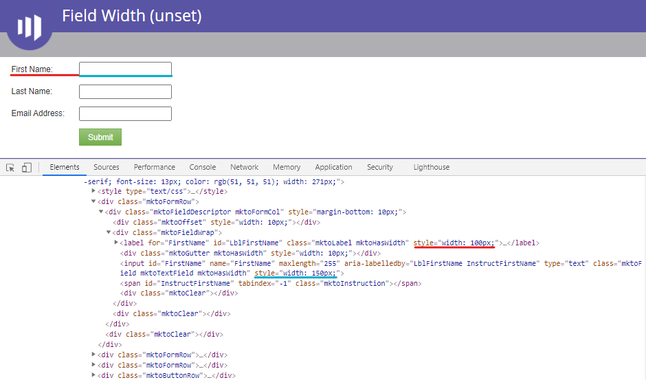 Label and field width are set as an inline styles by default (when empty)