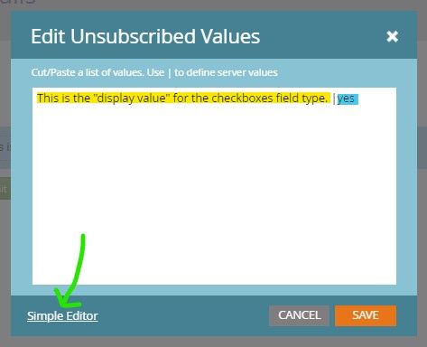 Advanced Editor View: values to the left of the pipe are displayed to the user  |  values to the right of the pipe are stored