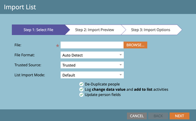 List import dialog box with Trusted dropdown menu