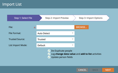 List import dialog box with Trusted dropdown menu