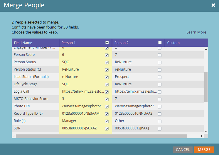 Choosing winning field values when merging manually in Marketo