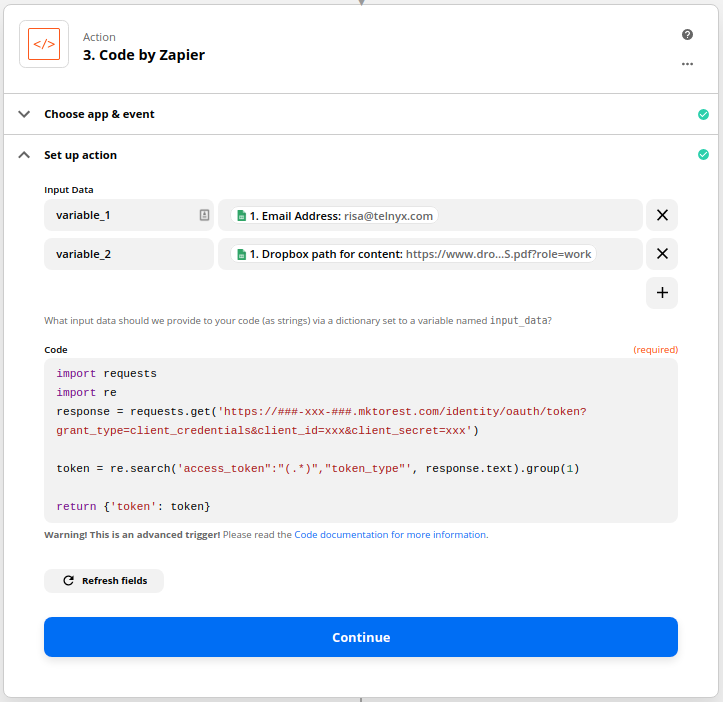 "Code by Zapier" action