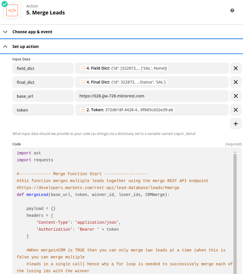 "Code by Zapier" action using Python code to merge leads using the API