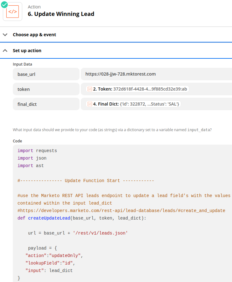 "Code by Zapier" action to update the winning lead with the winning field values