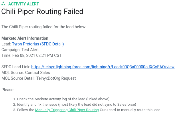 Failed Routing Alert Email