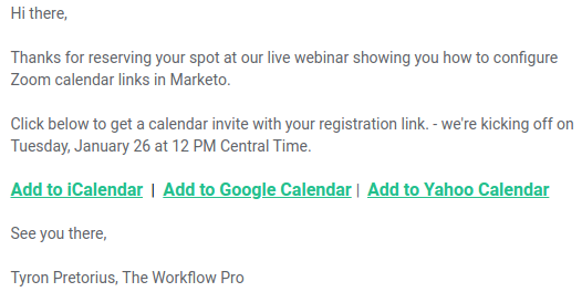 Zoom calendar links in a Marketo email