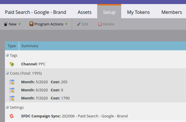 Screenshot showing costs for a program