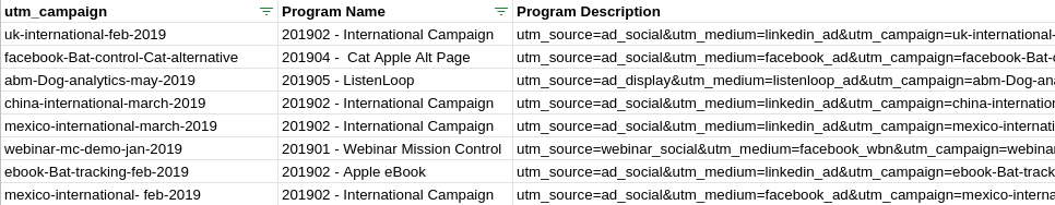 Mapping programs to ad UTM campaign values