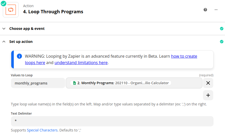 "Create Loop From Text" action setup