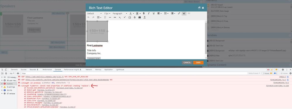 Console error when clicking "Insert/Edit Image" in the Rich Text Editor for Landing Pages