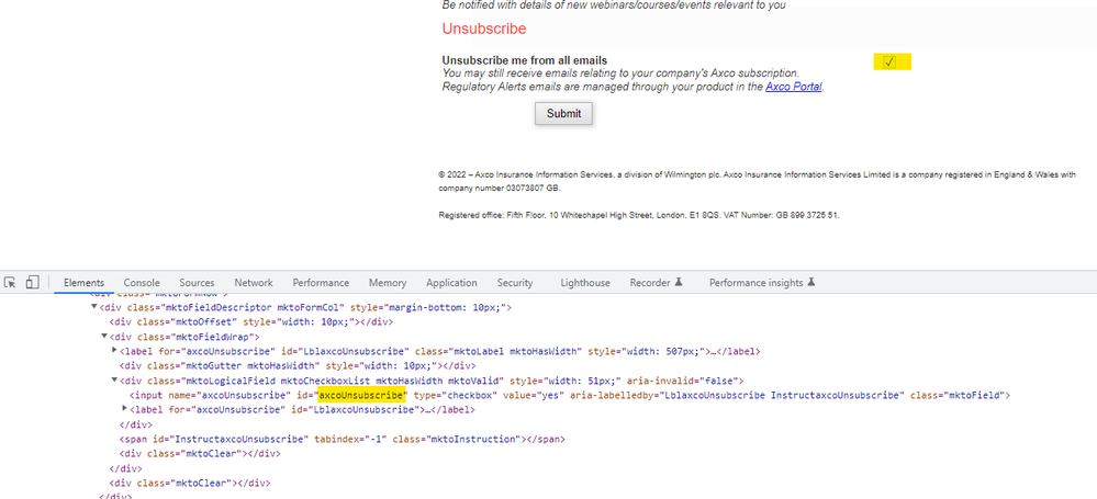 This id="" value of the field on the form is  "axcoUnsubscribe"