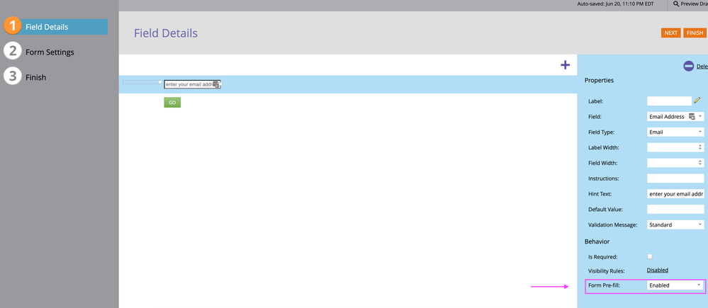 Prefill enabled on the form field