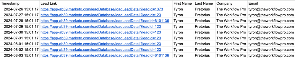 Sample Google Sheet to log Marketo Data